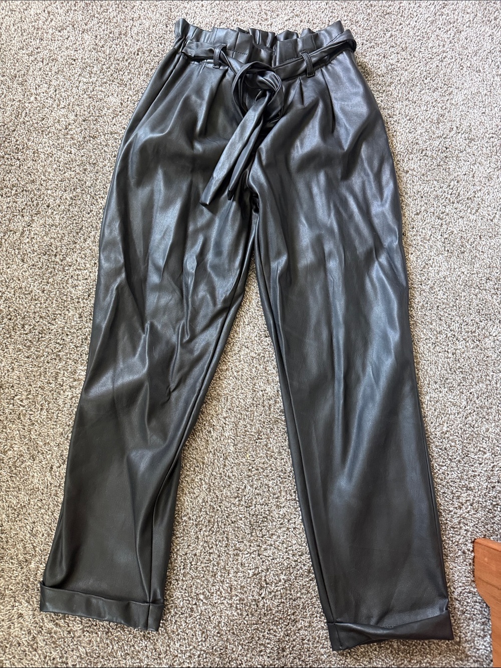 High-Rise Black Faux Leather Paperbag Waist Pants